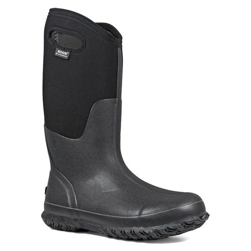 A BOGS CLASSIC TALL BLACK - WOMENS with a textured sole, slip-on design, waterproof construction, and a branded tag on the upper side ensures supreme comfort in all conditions.