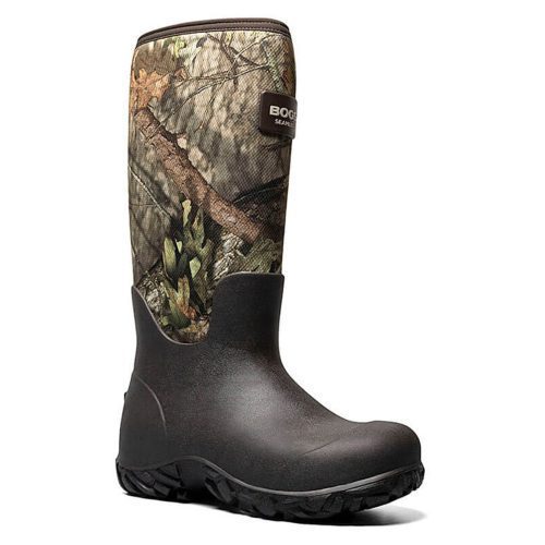 A single tall Bogs BOGS RUT HUNTER 17" LS MOSSY OAK - MENS winter boot featuring a black lower section and a camo-patterned upper section, complete with waterproof insulation for optimal protection.