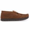 Staheekum STAHEEKUM TRAPPER FLANNEL - MENS brown moc slip-on slipper with cow suede exterior, black stitching detail around the toe, and a dark rubber sole.