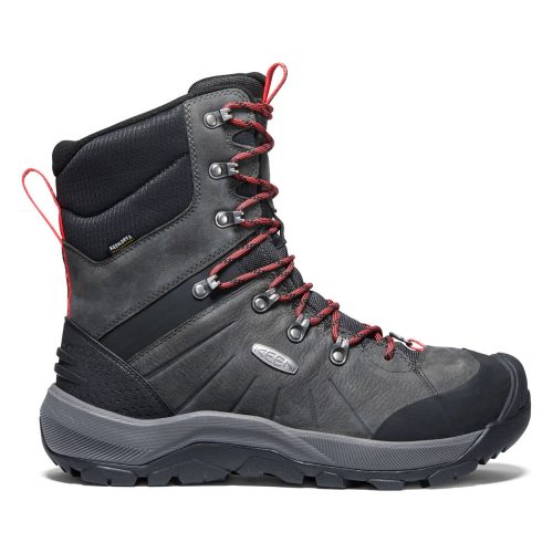 A black and gray hiking boot with red laces and a rugged rubber sole, offering increased traction, is displayed against a white background. This product is the KEEN REVEL IV HIGH POLAR MAGNET/RED - MENS by Keen.