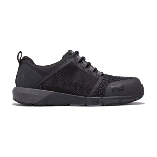 A TIMBERLAND PRO COMPOSITE TOE RADIUS BLACK - MENS by Timberland, featuring a reinforced composite toe and slip-resistant sole, with a lace-up design, electrical hazard protection, and a pull tab on the heel.