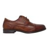 The Florsheim FLORSHEIM MIDTOWN CAP COGNAC - MENS, a brown leather dress shoe with black laces and a low stacked heel, offers exceptional comfort. Viewed from the side against a white background, it also features a capped toe for added elegance.