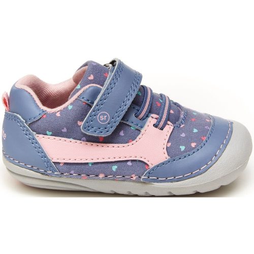 The Stride Rite STRIDE RITE SM KYLIN CHAMBRAY - TODDLERS is a toddler's blue and pink sneaker with a single strap closure, multicolored heart patterns, and a memory foam footbed for added comfort.