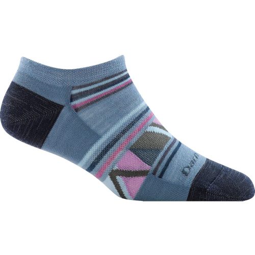 A Darn Tough ankle sock with geometric patterns in pink, purple, and grey, perfect for women seeking style and comfort.