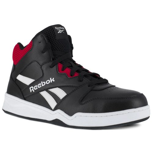 A black and red Reebok Work REEBOK WORK COMPOSITE TOE BB4500 MID BLK/WH/RED - MENS mid-top sneaker with white accents and logo, featuring a non-metallic safety toe, padded collar, lace-up design, and slip-resistant white sole.