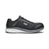 Black and white **Keen KEEN COMPOSITE TOE VISTA ENERGY VAPOR/BLACK - MENS** with a low-top design, featuring a lace-up closure, logo on the side, and KEEN.ReGEN midsole for enhanced comfort.