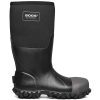 A single BOGS STEEL TOE MESA - MENS with a gray steel toe, designed for rugged outdoor use, featuring a thick treaded sole and slip resistance. The label on the upper section reads "Bogs Waterproof.