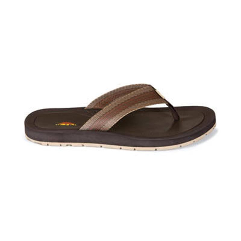 The RAFTERS ISLAND ECO FLIP BROWN MULTI - MENS by Rafters features a brown flip-flop sandal with a beige sole, secure webbing straps, and a contoured footbed.