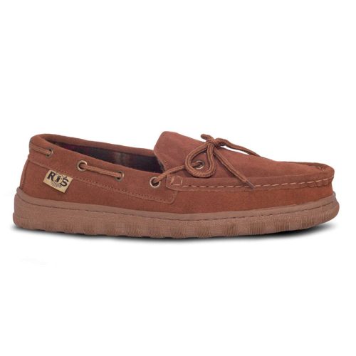 A men’s casual shoe, the CLOUD NINE UNLINED MOC WHEAT - MENS is a brown suede moccasin with a durable TPR rubber sole and stitched detailing, featuring a small tag with the brand "Cloud Nine" on the side.