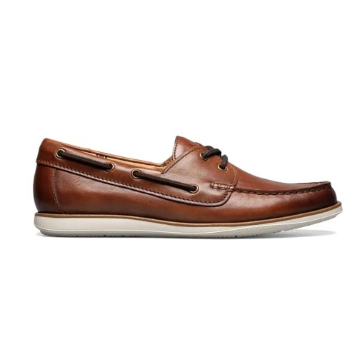 A brown leather boat shoe with a durable EVA sole and white detailing, featuring decorative stitching and lace accents, the Florsheim FLORSHEIM ATLANTIC BOAT CHOCO - MENS.