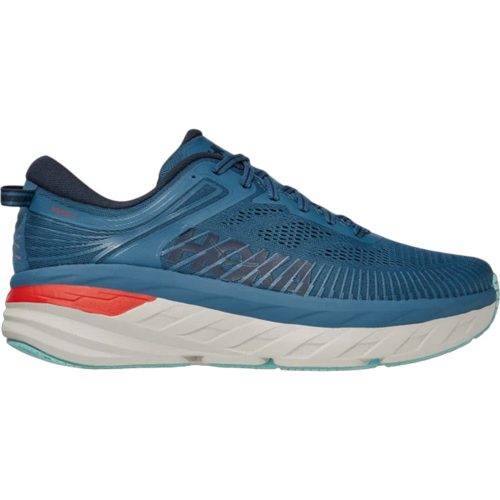 A blue and gray Hoka Bondi 7 running shoe with red accents on the sole, featuring signature HOKA cushioning.