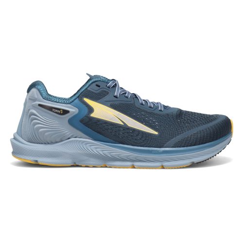 A blue athletic running shoe with a yellow logo, black trim, a textured sole, and AltraEgo foam for added comfort, the ALTRA TORIN 5 MAJOLICA BLUE - MENS by Altra.