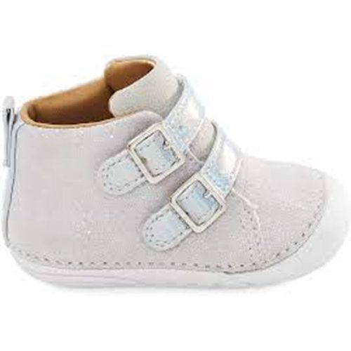 A white Stride Rite STRIDE RITE VERA VIOLET SHADOW - KIDS with two buckle straps and a soft sole, perfect for a first walker, shown from a side view.