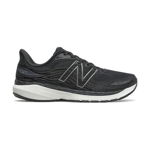 A black athletic running shoe with a white midsole and a black rubber outsole, the New Balance NEW BALANCE 860V12 BLACK/WHITE - MENS is designed for overpronation, featuring an "N" logo on the side.