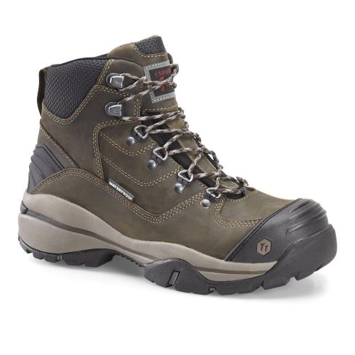 A rugged brown hiking boot with black accents, metal eyelets, and a non-slip sole designed for outdoor activities, the Carolina CAROLINA FLAGSTONE 4X4 HIKER BUFF - MENS offer exceptional comfort and protection.