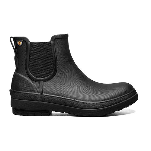 Bogs BOGS AMANDA PLUSH II CHELSEA BLACK - WOMENS with elastic side panels, a pull tab at the back, and a sturdy rubber traction outsole.