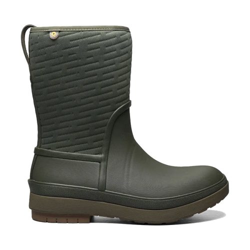 The Bogs BOGS CRANDALL II MID ZIP DARK GREEN - WOMENS is a green waterproof boot with a textured upper part and a brown sole, designed for outdoor use; it features an eco-friendly footbed for added comfort.