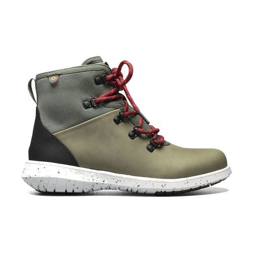 A Bogs BOGS JUNIPER HIKER LODEN - WOMENS with red laces, black accents, a white speckled sole, and waterproof leather for extra durability.