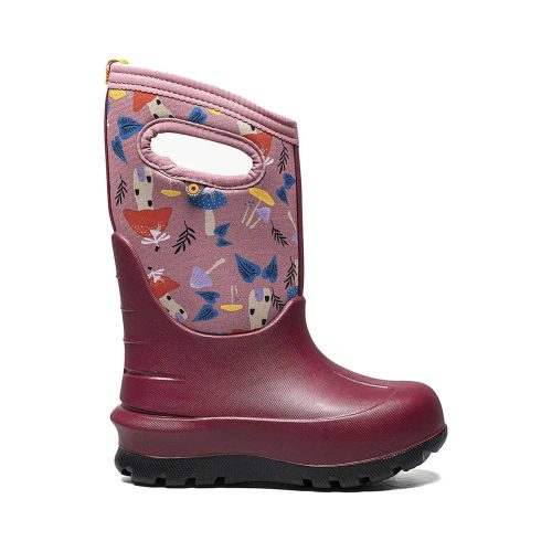 Child's rain boot with animal print design, handle, and BOGS Neo-Tech insulation for waterproof warmth.