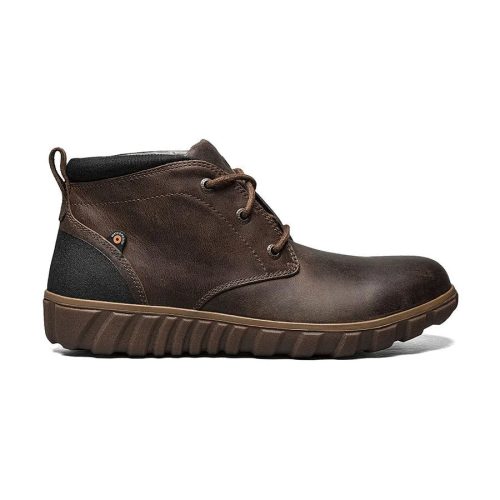 A side view of a BOGS CLASSIC CHUKKA COGNAC - MENS by Bogs with dark laces, black padding on the ankle, and a rugged brown rubber sole, featuring waterproof leather for enhanced durability.