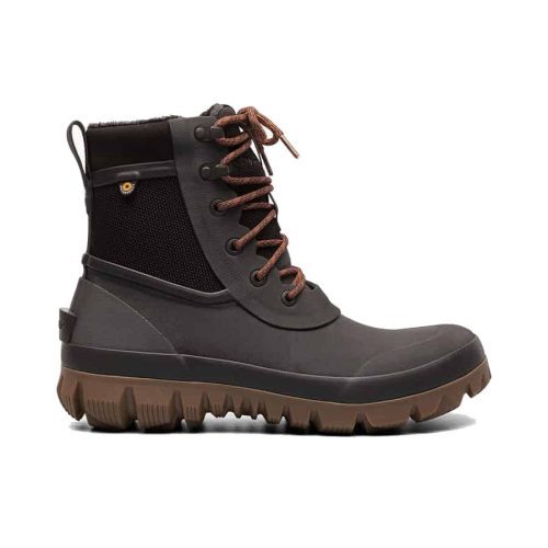 A single dark gray, mid-calf, waterproof winter boot with a rugged sole, lace-up front, brown laces, and 5mm NeoTech insulation from the Bogs brand called BOGS ARCATA URBAN LACE DARK BROWN - MENS.