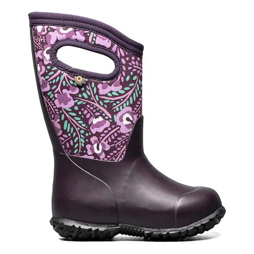 A single Bogs BOGS YORK SUPER FLOWER PURPLE MULTI - KIDS waterproof boot, purple with floral patterns and side handles, designed for wet conditions, featuring an eco-friendly footbed.