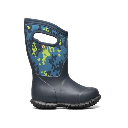 A single dark blue insulated rain boot with a camouflage design on the upper part and a handle cutout for easy pulling on, featuring an eco-friendly footbed, the BOGS YORK NEO CAMO BLUE MULTI - KIDS by Bogs.