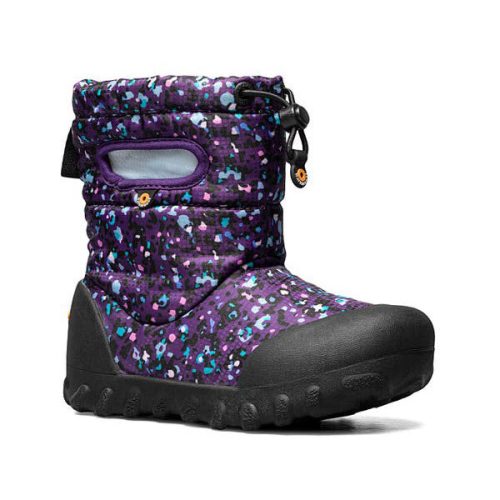 A single Bogs BOGS B-MOC SNOW LITTLE TEXTURES PURPLE MULTI - KIDS boot with a patterned fabric upper, cozy warmth, black rubber sole, and a pull-on handle.