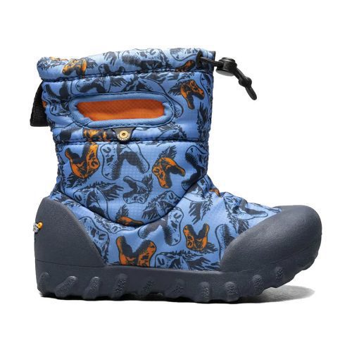 A blue children's winter boot with an animal print pattern, the Bogs BOGS B-MOC SNOW COOL DINOS BLUE MULTI - KIDS features a rugged sole and an adjustable pull cord at the top.