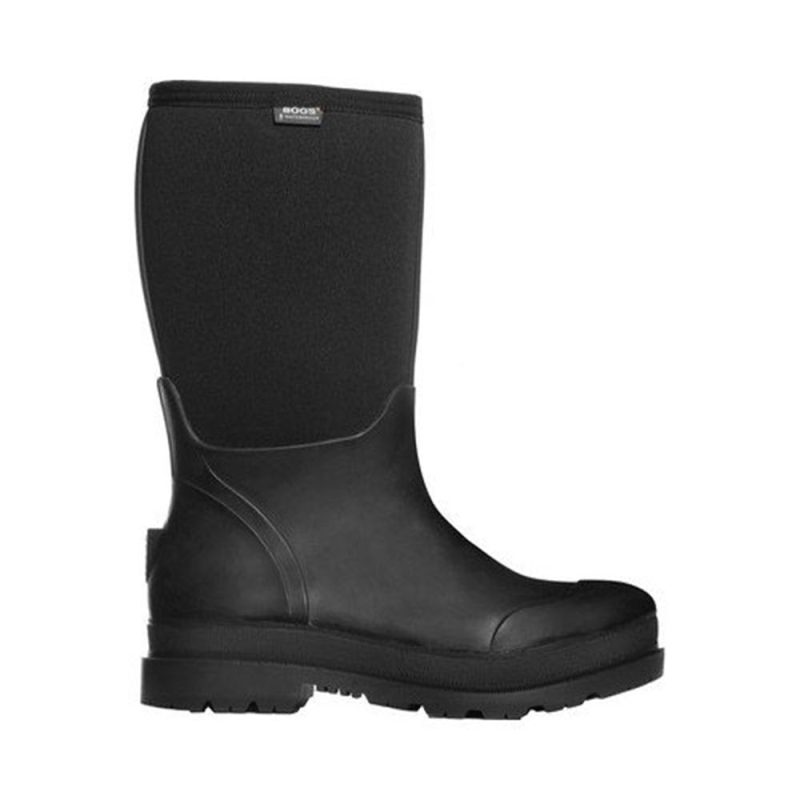 A black waterproof boot with a high shaft and thick sole, featuring slip-resistant outsoles for enhanced stability, designed for durability and protection in wet conditions is the Bogs BOGS COMP TOE STOCKMAN II - MENS.