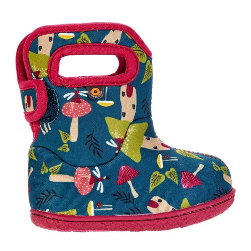 Child's waterproof boot with a colorful woodland pattern on a white background. Product: Bogs Baby Bogs Mushrooms Teal Multi - Kids by Bogs