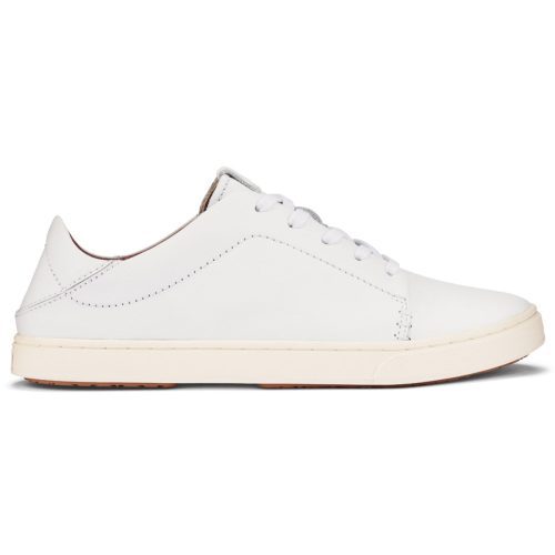 Olukai Pehuea Li'Ili white low-top sneaker for women with laces on a white background.