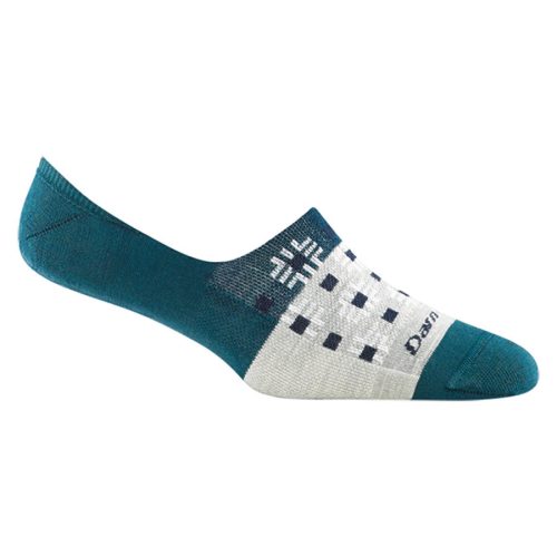 A single Darn Tough Topless Braid No Show Sock in dark teal, ideal for lower-profile shoes, with a blue and gray geometric pattern against a white background.