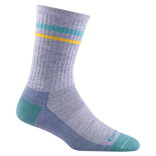 A single DARN TOUGH LETTERMAN CREW SOCKS DENIM - WOMENS with yellow and turquoise stripes near the top, green heel and toe accents, and a Darn Tough brand logo on the toe.