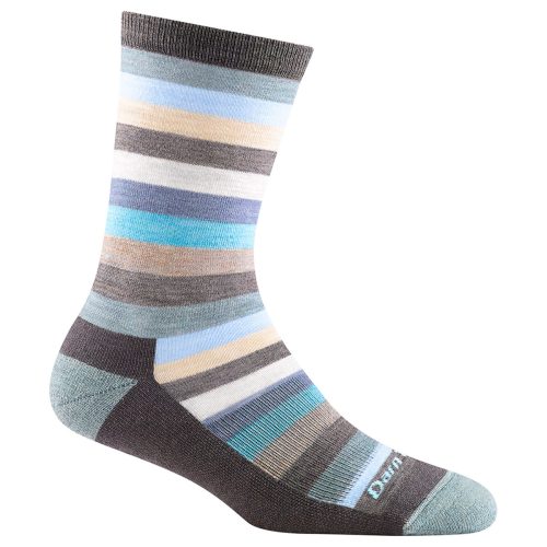 A single DARN TOUGH PHAT WITCH SOCKS OATMEAL - WOMENS with horizontal stripes in various colors including gray, blue, white, and beige. Crafted from merino wool, it features light cushioning for added comfort. The Darn Tough brand name is near the toe area.