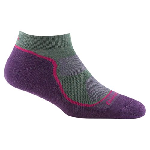 A single **Darn Tough** **DARN TOUGH LIGHT HIKER NO SHOW SOCKS MOSS - WOMENS** with a mix of green, purple, and pink colors, featuring a cushioned sole and a snug fit, perfect for trail hiking.