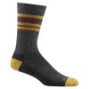 A men's casual sock in mid-calf gray with yellow, red, and green stripes near the top. Crafted with high-loft yarn for enhanced comfort, its toe and heel areas are distinctly yellow. Introducing the DARN TOUGH LETTERMAN CHARCOAL MENS by Darn Tough.