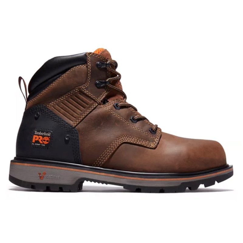 A single, brown Timberland TIMBERLAND PRO COMP TOE BALLAST 6" MOCHA - MENS work boot with black and orange details, crafted from full-grain leather and featuring a rugged, slip-resistant sole with Anti-Fatigue Technology.