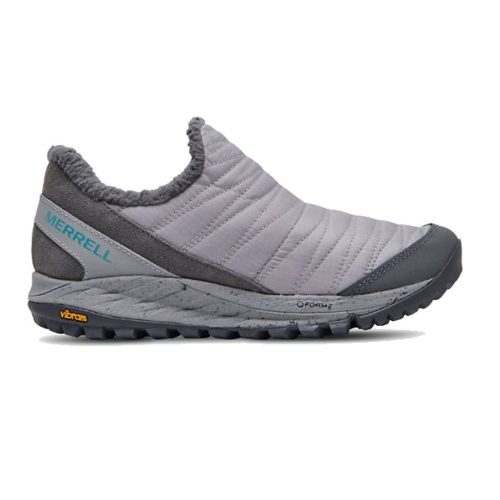 A gray Merrell MERRELL ANTORA SNEAKER MOC PALOMA - WOMENS slip-on shoe with a quilted texture, blue accents, and a Vibram Icetrek sole.