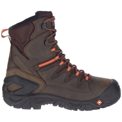 A single brown waterproof leather Merrell hiking boot with orange accents and black sole.