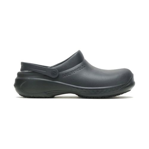 A side view of the Merrell MERRELL ENCORE SERVICE PRO BLACK - MENS slip-on clog with a back strap, featuring COMFORTBASE footbed technology and an oil-resistant rubber outsole.