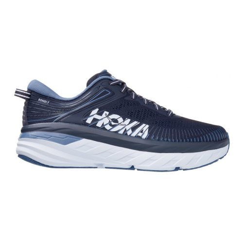 A navy and white HOKA BONDI 7 OMBRE BLUE - MENS running shoe with Meta-Rocker technology, featuring a thick sole and the brand's name prominently displayed on the side.