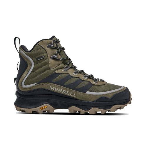 A single Merrell MERRELL MOAB SPEED THERMO MID OLIVE - MENS hiking boot in green with black and grey accents, showing a Vibram sole and lace-up design, perfect for cold weather trails.