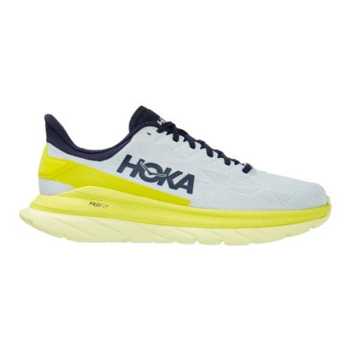 A side view of a Hoka Mach 4 Blue Flower/Citrus running shoe with a white upper and yellow sole.