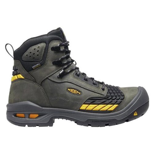 Side view of a single dark grey and black Keen KEEN TROY 6" KBF WP MAGNET - MENS with yellow accents, featuring a high ankle design, padded collar, robust sole, and carbon toe work boot technology.