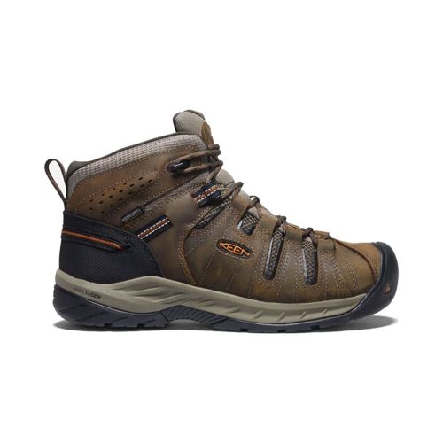 A brown, high-top KEEN FLINT II MID WP SOFT TOE CASCADE BLACK OLIVE / BRINDLE - MENS hiking-inspired work boot with black and orange accents, rubber sole, and laces. The "Keen" branding is visible on the side along with KEEN.ReGEN cushioning for added comfort.