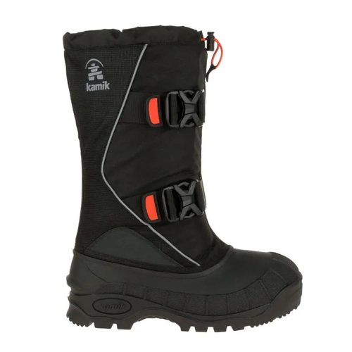 A KAMIK CODY XT - MENS black insulated winter boot with a rugged sole, superior traction, high ankle coverage, orange buckle fasteners, and the "Kamik" logo on the side.