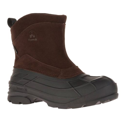 The KAMIK CHAMPLAIN 3 SIDE ZIP DARK BROWN - MENS is a brown and black insulated boot with a waterproof suede upper and a durable rubber sole. Featuring a rounded toe and an easy pull-on design, this winter boot proudly displays the brand name "Kamik" on the side.