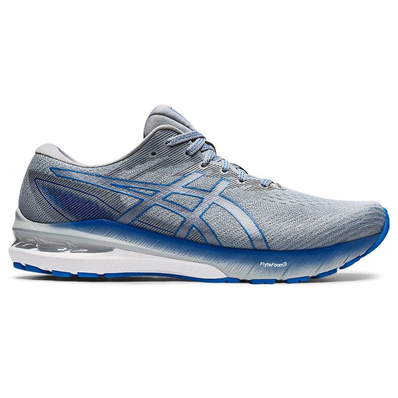 A blue and gray men's athletic shoe with a white sole, featuring a mesh upper, lace-up closure, and the brand's logo on the side. The Asics GT 2000 10 SHEET ROCK/ELECTRIC BLUE - MENS incorporates FLYTEFOAM® Propel Technology for exceptional cushioning and bounce.