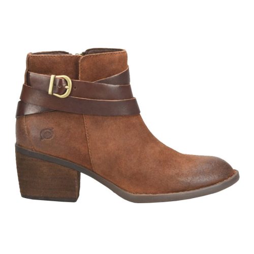 A BORN PAYTON RUST TOBACCO - WOMENS by Born with a low Leawood stacked heel, wrap-around straps, and a buckle, featuring distressed suede leather for a stylish finish.